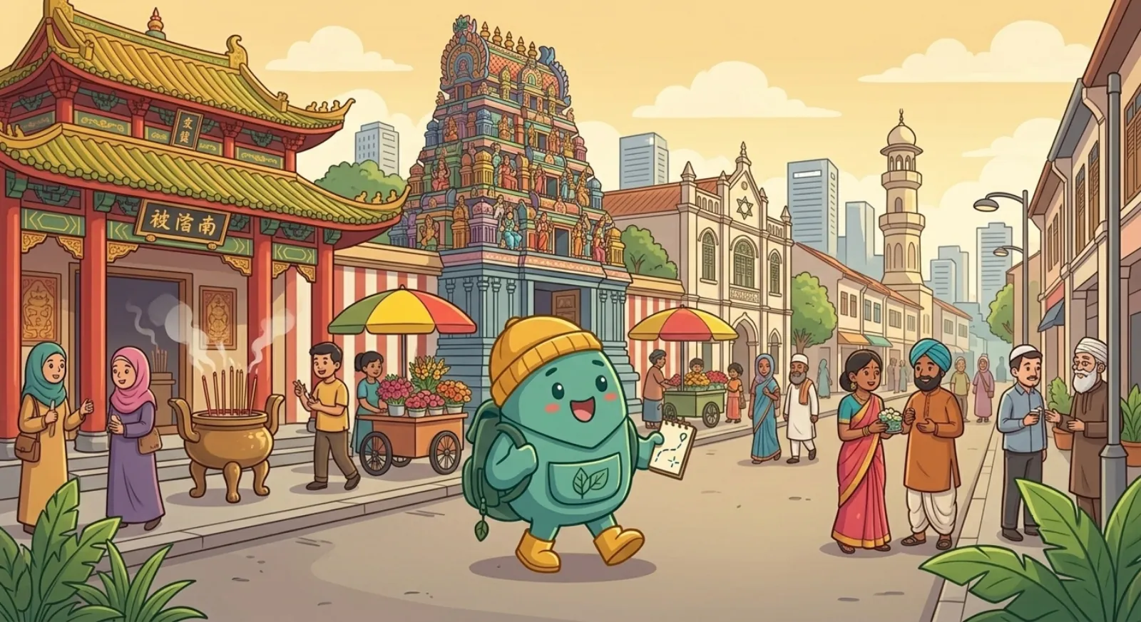 One City, Many Cultures — illustrated scene